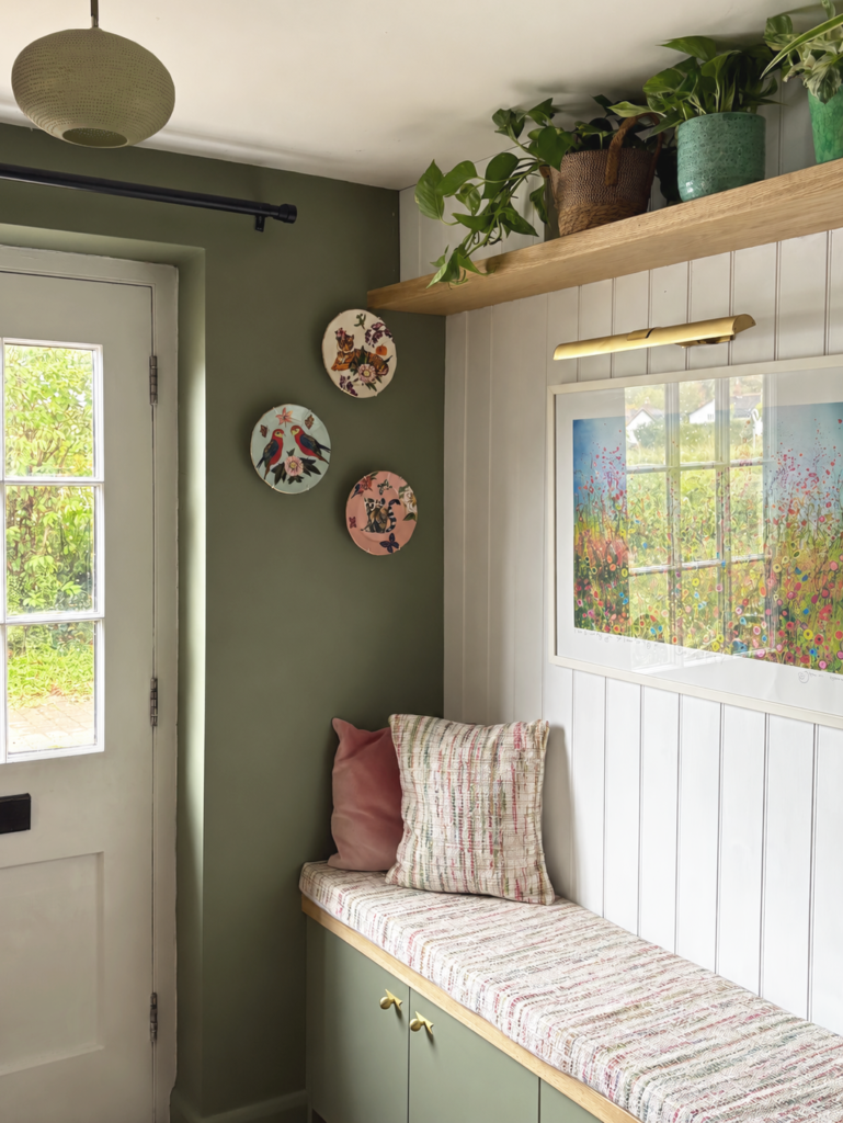 Cozy Olive Entryway with Wildflowers panelling, picture light